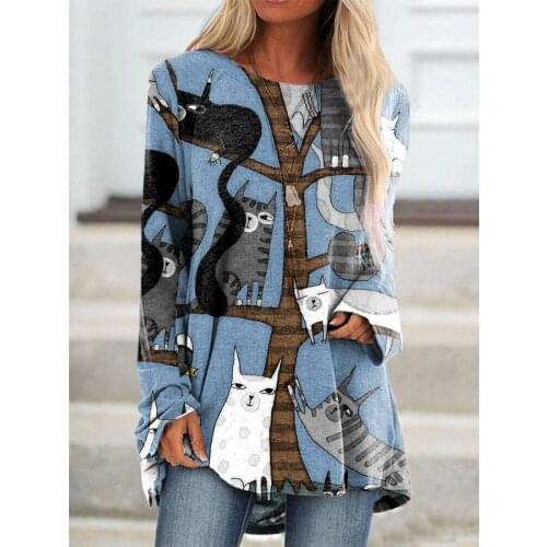 Large Size Pullover round Neck Cat and Mouse Printed Street Long Sleeve Multi-Color Loose T-shirt