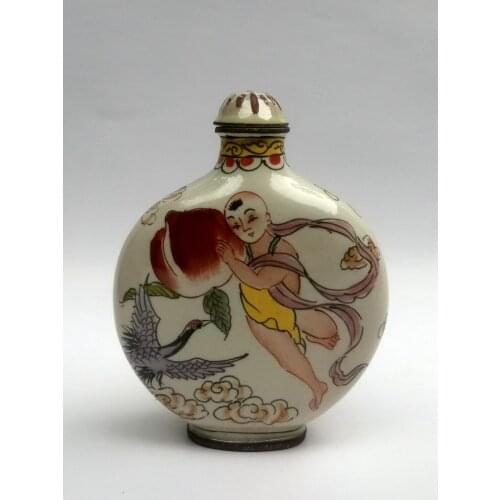 YIZHU CULTUER ART Collection Vintage art Chinese Cloisonne Painting Crane Peach Boy Snuff Bottle Decoration