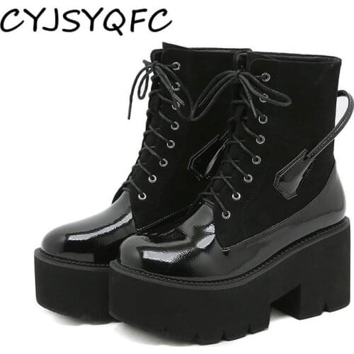 CYJSYQFC Women Lace Autumn Boots Black Patent Leather Chunky Platform Ankle Boots Punk Goth Style Thick Bottom Motorcycle Boots