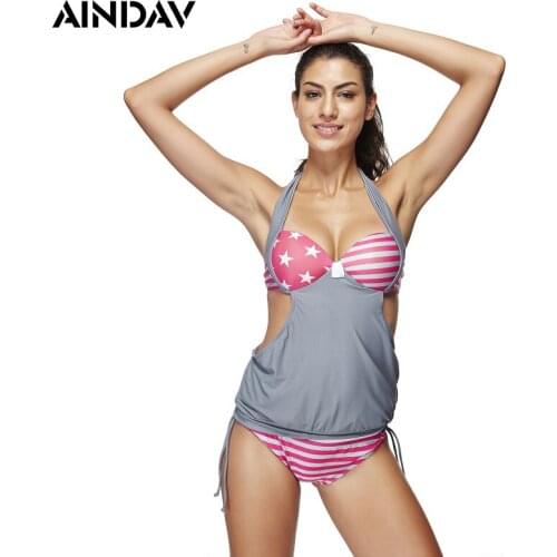 Ladies Striped Tankini Plus Size Bathing Suit with Star Print Top 2 Piece Swimsuits Halter Swimwear with Scrunch Butt Maio Praia