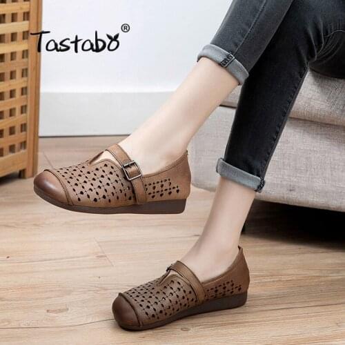 Tastabo Genuine Leather Handmade Women Shoes Casua Single Flats Brown Caramel Driving Soft-soled Shoes S129