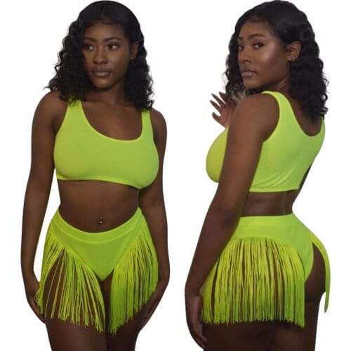 Women Set Fluorescence Green Sleeveless Tank Top Elastic Tassel Shorts 2 Piece Bikinis Sets Sexy Tracksuit Summer Casual Outfits