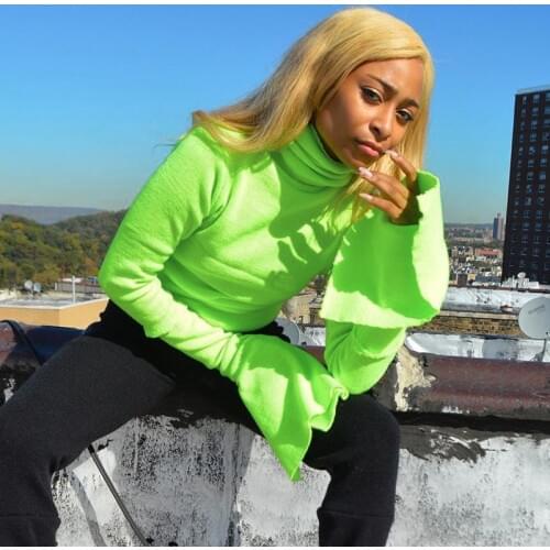 SEASONS Ribbed Knitted Women Neon Green Sweater Pullovers Turtleneck Slit Flare Long Sleeve Bodycon Sexy Autumn Winter ASTS81921