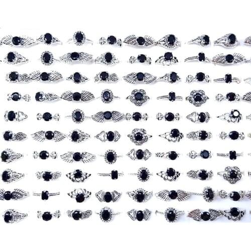 Wholesale 100PCs/Box Womens Finger Rings Black Glass Crystal Ancient Silver Plated Retro Style Ladies Jewelry with Display Box