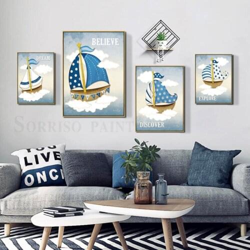 Mediterranean Style Cartoon Sailboat Canvas Painting Wall Art Posters Prints Pictures For Childrens Room Home Bedroom Decor
