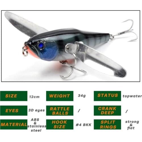 120MM 34G Topwater Popper Fishing Lure Tackle Hard Body Stainless Steel Wings