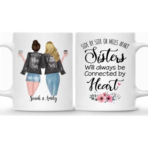2 Sisters Coffee Mug Personalized White Ceramic Mugs Cup Girls Gift Sisters Forever, Never Apart 11oz/15oz RR2008