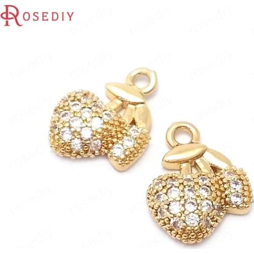 39114)6PCS 13x9MM 24K Gold Color Brass and Zircon Strawberry Charms Pendants Jewelry Making Supplies Diy Findings Accessories