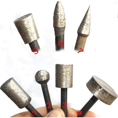 New 7kind 46# 6mm Shank Diamond Grinding Heads Sintering Mounted Points T Ball Cone Cylindrical Wheel Stone Carving Grinding