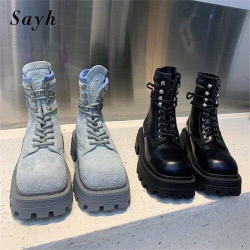 Female Punk Rivet Ankle Boots Square Toe Combat Leather Shoes PlatformLace Up Martin Shoes Women Casual Booties