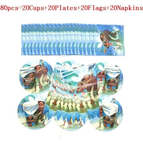 Disney 50Pcs/80Pcs Disposable Tableware Sets Cup Plate Flag Moana Maui Baby Shower Kid Birthday Banners Decoration Supplies