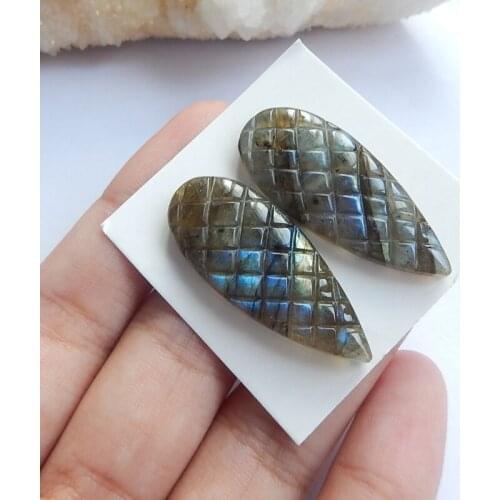 Wholesale 2Pcs Carved Water Drop Shape Natural Stone Labradorite Cabochons 33x13x5mm 7.4g Fashion Jewelry Accessories