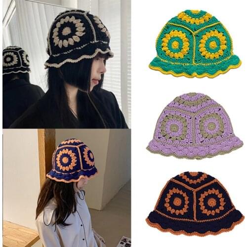 Hollow Crochet Flower Bob Skull Cap Women Handmade Foldable Knitted Breathable Panama Bucket Hats Fall Sunscreen Fisherman Hats