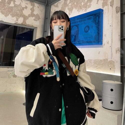 2021 Autumn New Bomber Jacket Women Personality Scenery Embroidered Corduroy Streetwear Clothing Baseball Coat Casual Outwear
