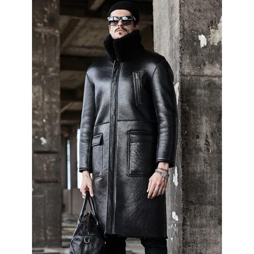 2019 New Mens Black Sheepskin Coat B3 Shearling Jacket Long Fur Coat Double-Faced Fur Jacket Mens Winter Coats