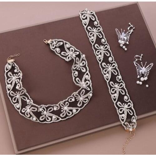 Handmade Butterfly Jewelry Set New Vintage Lace Hairband Necklace Earrings Bride Headdress Banquet Unique Hair Accessories TL063