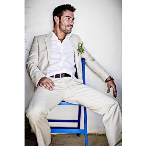 Latest Coat Pant Designs Champagne Beige Linen Summer Casual Beach Men Suit 2 Piece Loose Tuxedo Custom Blazer Terno Masculino