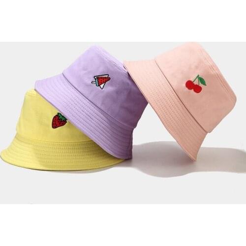 Cute Bucket Hat Colorful Girl Hat Fruit Embroidery Ourdoor Hat Foldable Travel Caps New for Women Men