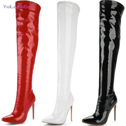 Plus Size 34-45 Women Over the Knee Boots Fashion Pointed Toe Thin High Heel Ladies Thigh Boots Patent PU Leather Womans Boots