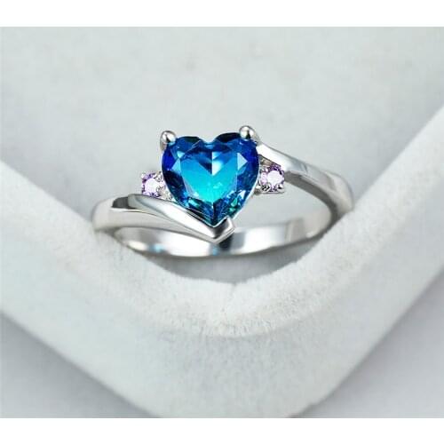 Luxury Female Crystal Blue Stone Ring Classic Silver Color Thin Wedding Rings For Women Charm Zircon Love Heart Engagement Ring