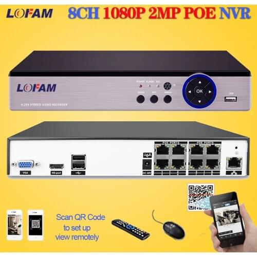LOFAM 1080P CCTV 8CH POE NVR 25fps Recording ONVIF Surveillance Network Video Recorder 48V 2MP Security NVR for POE IP Camera