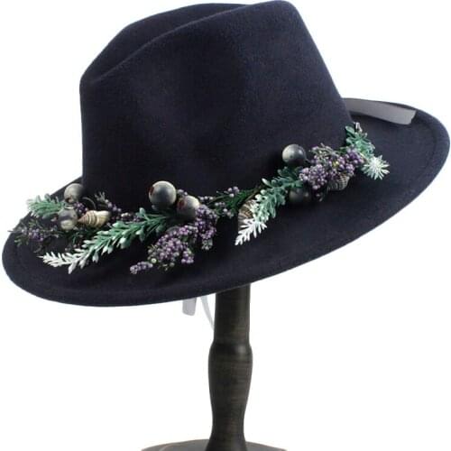 100% Wool Women Wide Brim Fedora Hat With Fashion Flower For Elegant Lady Outback Jazz Church Fascinator Hat 2Size 56-60
