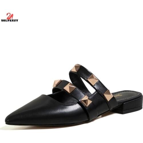 SKLFGXZY 2021 New Style Summer Women Genuine Leather Fashion Slippers With Low Rivet Cowhide Slippers Pointed Womens Shoes