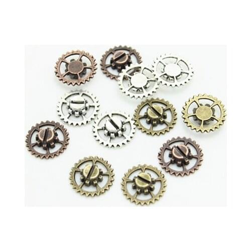 Sweet Bell Free shipping (60 pieces/lot) 15mm Three color Metal Alloy Mini Gear Jewelry Charm Jewelry Findings