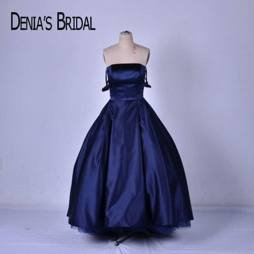 Dark Blue Strapless Evening Dresses A Line Ruched Floor Length Evening Gowns