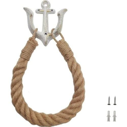 Nautical Rope Toilet Paper Holder Towel Ring Tie-Back Curtain Rack Beach Themed Wall Mounted with Metal Hook for Bathroom Decor