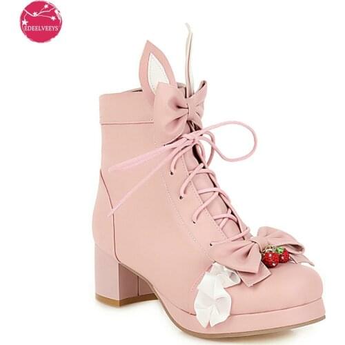Vintage Girls Japanese Lolita Ankle Boots Women Cute Bow Princess Shoes Ladies Rabbit Ear Square Heel JK Uniform Colsplay Party
