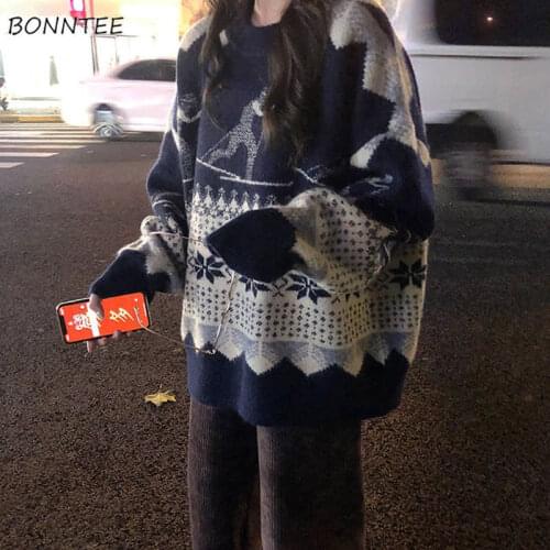 Pullovers Women Retro Long Sleeve Preppy Girls Knitted Clothes Daily Lady Sweaters Blue Simple Soft Holiday Chic Harajuku O-neck