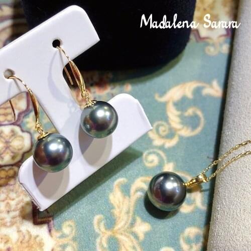 MADALENA SARARA 10-11mm AA Saltwater Tahiti Black Pearl 18K Women Earrings Simple Style Au750 Women Dangle Earrings