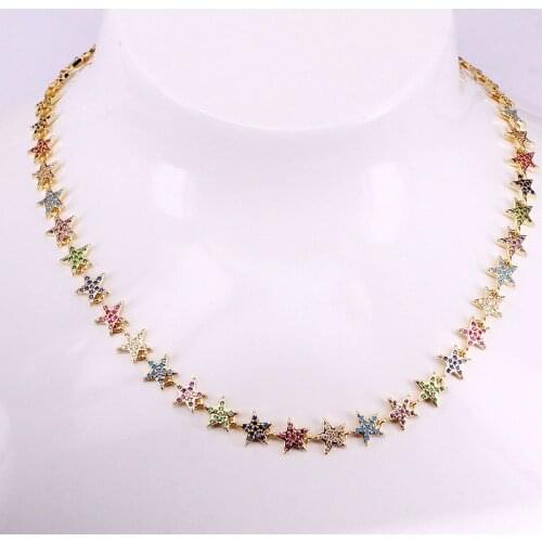 4PCS, Colorful Cubic Zirconia Stars Chain Necklaces For Women Gold / Silver Color Chain Charm Party CZ Necklace Jewelry