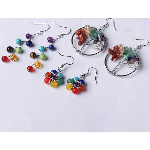 7 Chakra Earrings, Tree Of Life Pendant Earrings, Natural Gem Quartz Healing, Crystal Pendant Hook Earrings, Reiki Woman Jewelry
