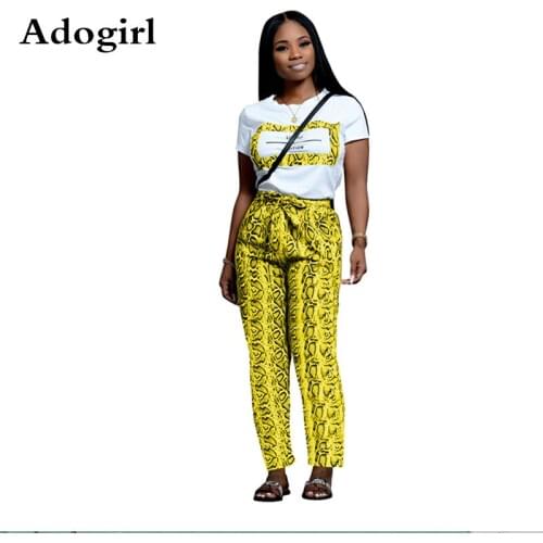 Adogirl Leopard Letter Print Two Piece Set O Neck Short Sleeve Women T Shirt Top +Bow Tie Pockets Pants Fashion Sporty Tracksuit
