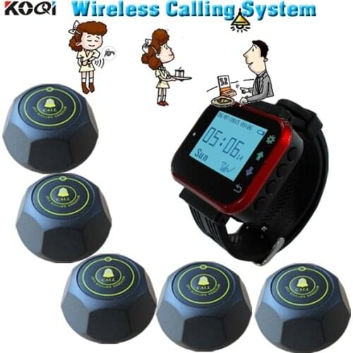 Wireless Waiter Wrist Pagers Table Waiter Service Call System for Cinema.5 Bells,1 Watch Calling launch button