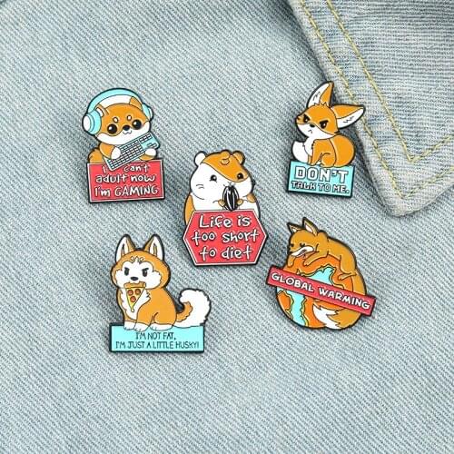 Cute Animals Enamel Pins Custom Fox Shiba Inu Hamster Brooches Shirt Lapel Pin Badge Bag Global Warming Jewelry Gift for Kids