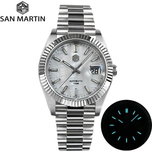 San Martin Men Watch 40mm Retro Date Just V2 MOP Dial Business Luxury Sapphire Automatic Mechanical Watches Carving Bezel 10Bar