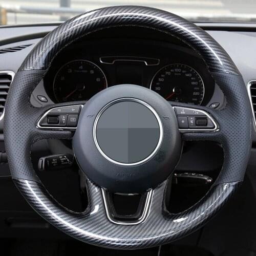 Car Steering Wheel Cover Non-slip Black Carbon Fiber Genuine Leather For Audi Q3 (8U) Q5 (8R) Q7 (4L) SQ5 (8R) 2013-2017