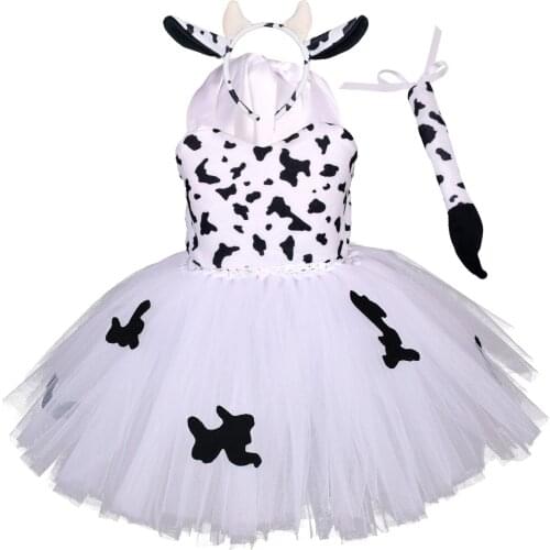 Baby Girls Cow Print Milk Silk Dress Kid Girl Hollow Waistline Cow Costume Tulle Dress with Cow Hair Hoop for Performance Party
