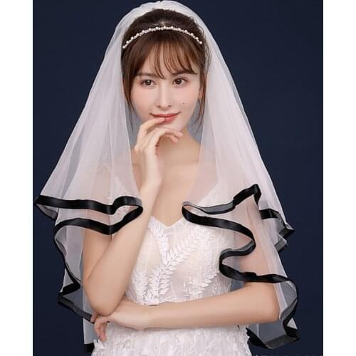 Ivory Two Layers Bridal Veils With Comb Black Ribbon Edge Cathedral Short Wedding Veil Soft Tulle Veil Of The Bride Accessories
