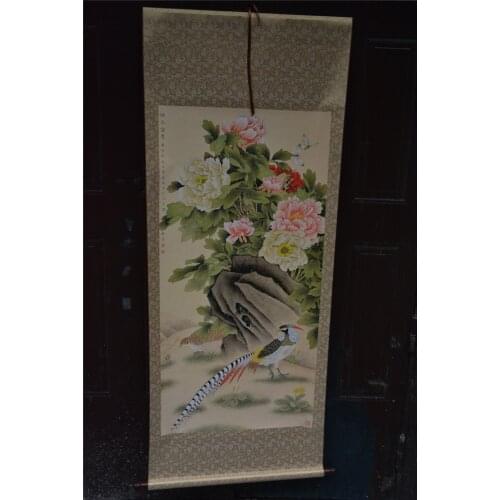 Antique Hand-painted Chinese paintings, long axis of the Qing Dynasty in China,peony&bird,Free shipping