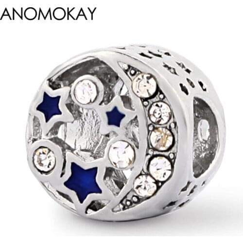 Anomokay Classic Dark Blue Crystal Star Charms fit Bracelets White Crystal Hollow Out Star Moon Series Beads for DIY Jewelry