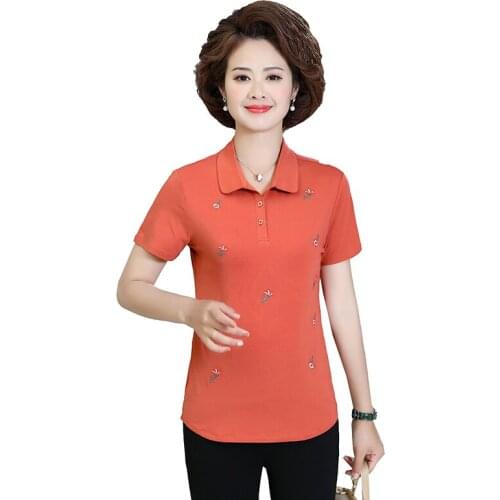 2021 Summer Turn-Down Collar T-Shirts For Women Short Sleeve Embroidery Tops New Casual Large Size Middle Age Mother Clothing