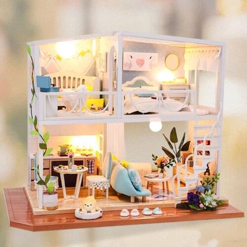 New DIY Wooden Doll House Miniature Kits with Furniture Princess Loft Villa Dollhouse Assembled Toys for Girls Adults Xmas Gifts