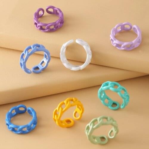 Fashion Geometric Colorful Chain Design Ring For Women Girls Candy Color Metal Hand Painted Rings Gifts Jewelry