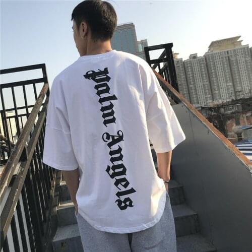 Palm Angels Vertical Striped Letters Foam Print Bat Sleeve Drop Shoulder T-shirt Loose Mens Womens Short Sleeve 1654650