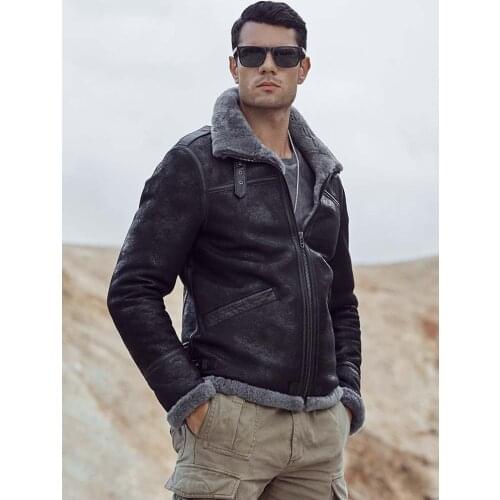 New Mens B1 Shearling Jacket Short Fur Coat Black Leather Jacket Mens Winter Coats Fashion Motorcycle Jacket
