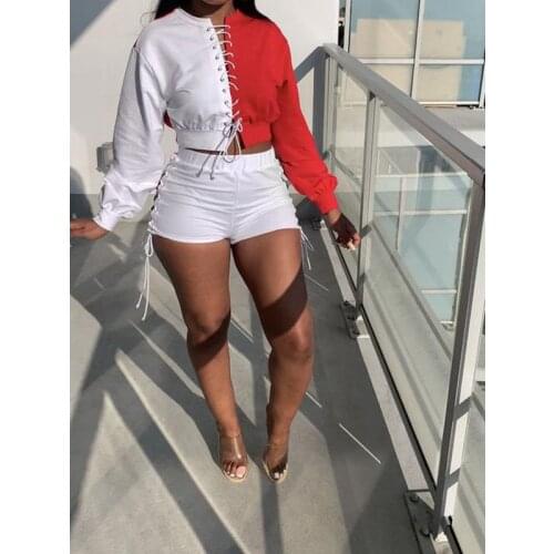 Autumn Two Piece Set Women Color Matching Long-sleeve Sexy Crop Top+Shorts Sets Club Outfits Sports Streetwear Wholesale Items
